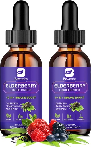 [BRSROYABCEOWOHIY] Elderberry Syrup | Органический кверцетин Black Elderberry Liquid Drops for Kids & Adults | Sambucus Elderberry Extract with Vitamin C, D3, Zinc | Vegan, Gluten Free, 2 Pack