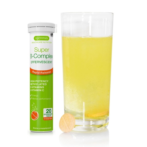 [BRSW2HAHCFYBAYDK] Igennus Super B-Complex Methylated Liquid B-Vitamin Effervescent Supplement, Fast Action Energy Drink, Caffeine & Sugar-Free, Orange Flavor, Vegan, 20 Tablets