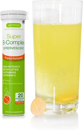 [BRSW2HAHCFYBAYDK] Igennus Super B-Complex liquide méthylé B-Vitamine supplément effervescent, boisson énergétique à action rapide, caféine et sans sucre, saveur orange, végétalien, 20 comprimés