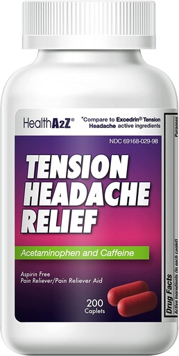 [BRSWGZQYCQAWGGQU] HealthA2Z® Tension Headache Relief | Acetaminophen 500mg | Caffeine 65mg | Pain Reliever Aid | Aspirin Free (200 caplets (Pack of 1))