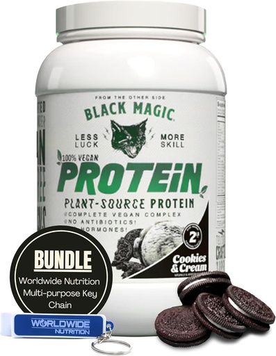 [BRSRAEIPDMHWAHL6] Worldwide Nutrition Bundle Compatible with Black Magic Multi-Source Protein Powder - Vegan Cookies and Cream | High Protein Powder, Low Carb, Low Sugar | Whey, Egg & Casein Blend - 2 LB with Keychain
