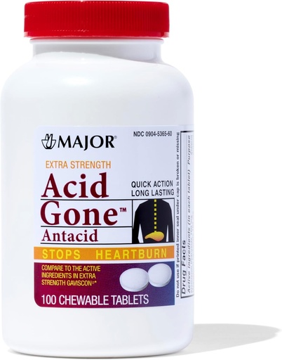 [BRSWIFIQBINBQF3Y] MAJOR Acid Gone Extra Styrke Antacid Chewable Tabletter - Anti-Acid Relief - Acid Reflux Medisin for voksne - Oppsett Mage, Acid Indigation, og Heartburn Relief - Lang-Lasting - 100 Telling