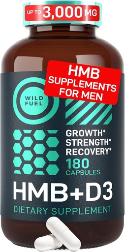 [BRSRMGAFOUAREAA6] WILD FUEL 3,000mg HMB Supplement Plus Vitamin D3 - Muscle Growth, Strength, Fast Workout Recovery HMB Supplements for Men and Women - Calcium Beta-Hydroxy Beta-Methylbutyrate - 180 Capsules