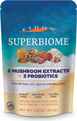 [BRSWYYYZPJ7WEAA6] Eidon SuperBiome, Mushroom Probiotics Powder Blend, Gut Balance, Microbiome Health Supplement with Organic Reishi, Chaga, Lion's Mane, Cordyceps, Turkey Tail, Shitake, Maitake, Phelinus, 30 Servings