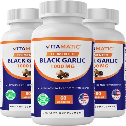 [BRSWYEI5O4HWAFAZ] Vitamatic 3 Pack Fermented Black Garlic özü 1000 mq 60 Kapsül - Qeyri-GMO, Gluten Pulsuz - (Toplam 180 Kapsül)