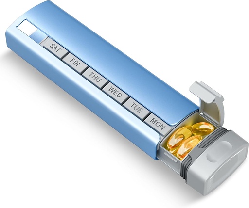 [BRSROHA2CIOW2ELK] Travel Pill Organizer Weekly, 1 Time a Day ，Upgrade Premium Aluminum Alloy Daily Pill Box 7 Day, Portable Metal Pill Case, Cute Pill Holder to Hold Vitamins, Medicines, Pills, Supplements (Blue)