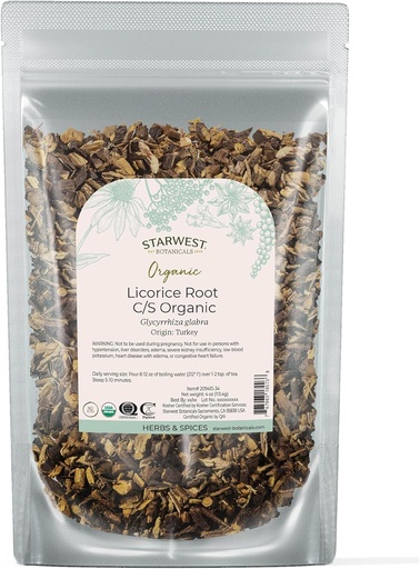 [BRSWIZQNBMBQ2ADU] Starwest Botanikusok szerves szárított édesgyökér - Herb for Loose Leaf Tea Keverékek, Candy, & Sült termékek, Cut & Sifted, Certified Kosher, Non-GMO - 4 oz Pouch