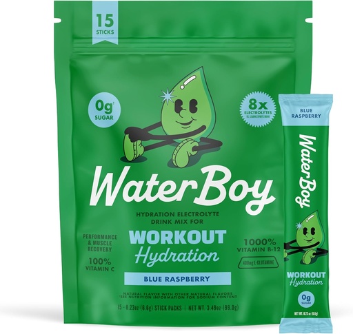 [BRSROAIZCMMAY2AU] Waterboy Workout Hydration | 2,960mg Sugar Free Electrolyte Powder Packets | L-Glutamine + Vitamins | No Sugar, All Natural, Gluten Free | 15 Drink Stick Mixes (Blue Raspberry)