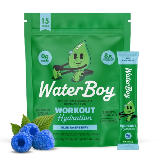 [BRSROAIZCMMAY2AU] Waterboy Workout Hydration | 2,960mg Sugar Free Electrolyte Powder Packets | L-Glutamine + Vitamins | No Sugar, All Natural, Gluten Free | 15 Drink Stick Mixes (Blue Raspberry)