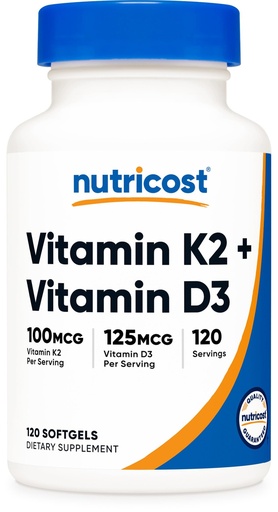 [BRSWGGL2CUHQEE3O] Nutricost Vitamin D3 + K2 (5000 IU D3 / 100mcg MK7), 120 Softgels – Gluten-Free & Non-GMO