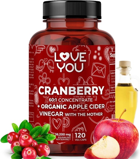 [BRSRAGL7O4HQYFLP] Love You Cranberry 60:1 Extract + Organic Apple Cider Vinegar – Max Strength 36,200 mg Equivalent – 120 Vegan Capsules – Urinary Tract & Digestive Support