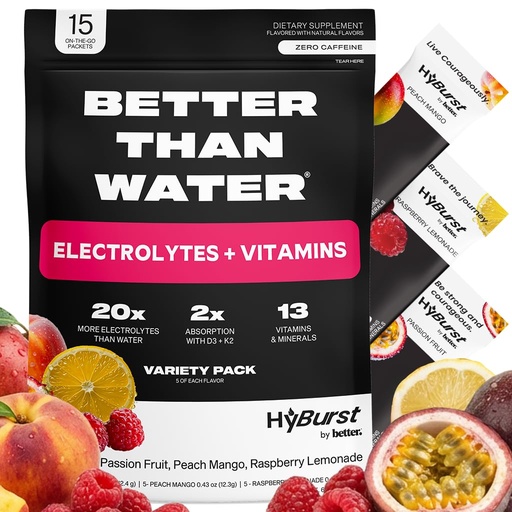 [BRSRAYYFBEFBGEIU] Better Than Electrolytes Powder Packets Drink Mix, Hydration Salt Electrolytes, Vitamin D3 K2, B12, L-Theanine, Zinc, Magnesium, Potassium, Calm Focus & Energy Blend, Tropical Variety 15 Pack