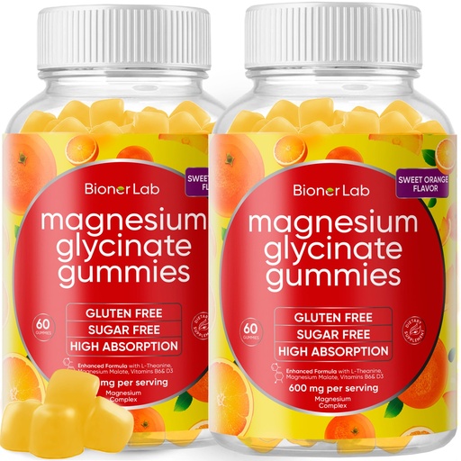 [BRSRAFT3ORYRUC3H] BionerLab Magnesium Glycinate Chewable Gummies (600mg) for Kids & Adults Women Men - Vegan Complex with Calcium Potassium Vitamin D B6 L-Theanine - Sugar & Gluten Free - Orange Flavor