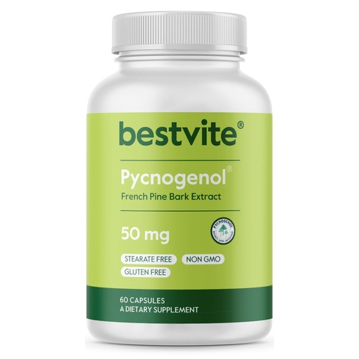 [BRSWIZIOO55W22L2] BESTVITE Pycnogenol 50mg (60 Capsules) - French Maritime Pine Bark Extract - No Stearates - Gluten Free - Non GMO - Easy-to-Swallow Capsules