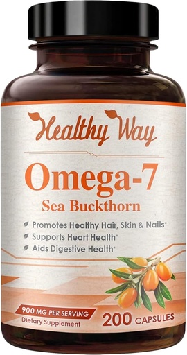 [BRSWG2T2CF4B423L] Pure Omega 7 Fatty Acids 200 Capsules 900mg Natural Sea Buckthorn Oil, NON-GMO USA Made