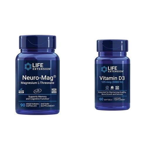 [BRSROFI7CMARY3T6] Life Extension Neuro-mag Magnesium L-threonate and Vitamin D3 Supplement Bundle for Brain, Bone and Immune Health