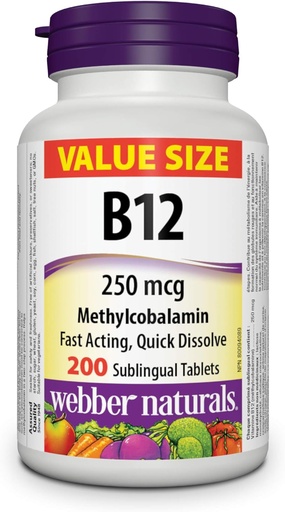 [BRSWYZQNBECRYCLH] Webber Naturals Vitamina B12 250 mcg Metilcobalamina, 200 Tablas Sublinguales