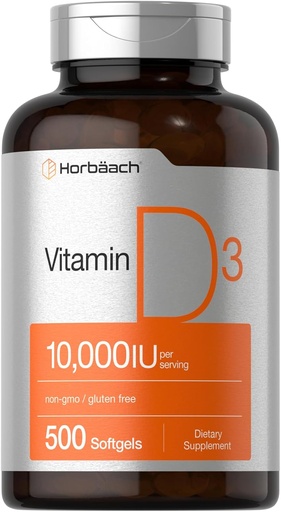 [BRSRMHD7CQIBGA37] Horbäach Vitamin D3 10000 IU | 500 Softgels | Non-GMO, Gluten Free Supplement | Değer Boyutu | 250mcg | Yüksek Potency Formula Formula