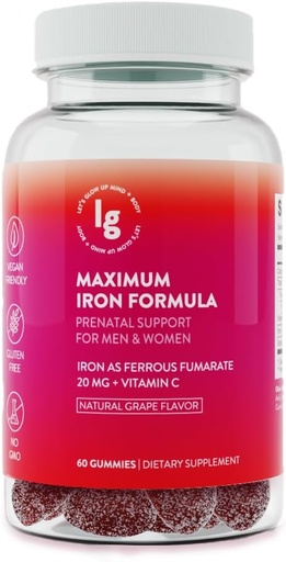 [BRSRAFQEAUCBAADK] Iron Gummies – 20 mg High Absorption Iron + Vitamin C, B12 & Folate – Vegan, Non‑GMO, Gluten‑Free – Energy & Anemia Support – 60 Ct