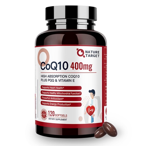 [BRSROEI2PMGRO2QV] NATURE TARGET CoQ10-400mg Plus PQQ with Vitamin E & Organic Olive Oil - Coenzyme-Q10 with BioPerine - High Absorption Antioxidant-for-Heart-Health and Energy Production,120 Servings