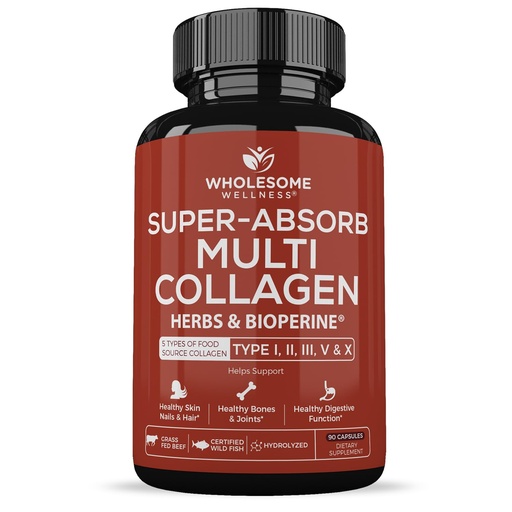 [BRSWGHT5PMNG2FYZ] Wholesome Wellness Super-Absorb Multi Collagen Pills (Type I II III V X) Organic Herbs & Bioperine - Hair, Skin, Nails - Hydrolyzed Peptides Protein Supplement for Women & Men (90 Capsules)