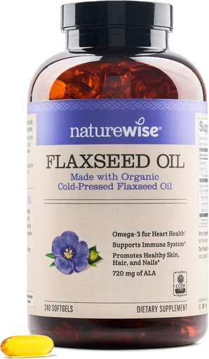 [BRSWIFILCJ5B63AZ] Naturewise Flaxseed Oil 1.242 mg, Fish Free Omega 3 6 9 with 720mg ALA, Dietary Support for Heart Health - Organic, Cold Pressed, Non-GMO - 240 Softgeels [8- Month Suppply]