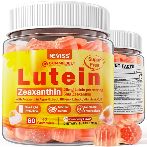 [BRSRO2QBDEPQEHYU] Sugar-Free Lutein Zeaxanthin Supplements Gummies (25mg) Vitamins A, C, E, Bilberry, Astaxanthin - Coconut Oil for Better Absorption - Adults & Teens Vision Health, Eye Strain, Dry Eyes - Vegan, 60Cts