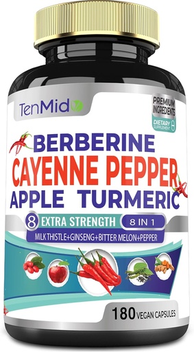 [BRSROGT5CMHAIAA3] Cayenne Pepper Supplements Extract Capsules, 180 Capsules & Berberine, Apple, куркумин куркумы, горькая дыня, женьшень, расторопша молока | Поддерживает здоровье сердца, способствует пищеварительной функции