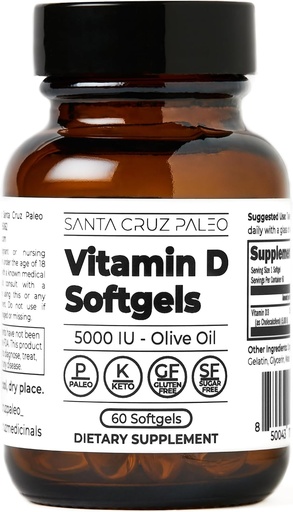 [BRSROYYFAQPGCHY2] Santa Cruz Paleo Vitamin D Supplement, Bone Health & Immune Support, 5000 i.u. Per Softgel, Gluten Free, Keto, Sugar Free, Paleo, Vitamin D3, Olive Oil for Absorption, Natural Ingredients, 60 Softgels