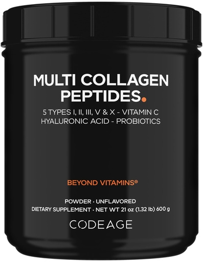 [BRSRA2YPOACBOAD6] Codeage Multi Collagen Peptides + Probiotics Black Edition, Vitamin C, Hyaluronic Acid Powder Supplement, Grass-Fed, Pasture-Raised, Hydrolyzed, Zero Carbs, Type I, II, III, V & X, Unflavored, 21oz