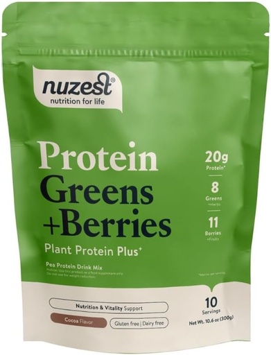 [BRSROHQNDJ7G2H3Z] Nuzest – Protein Greens + Berries – Superfood Powder – Plant Protein Blend - 300g / 10.6 oz Pouch (10 Servings) (Cocoa, 300g)