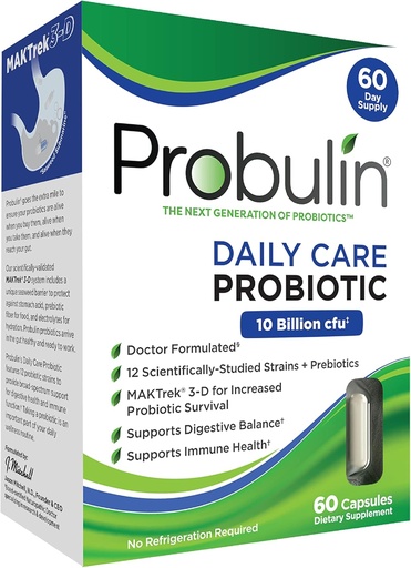 [BRSWIBQDOANRO2TO] Probulin Daily Care Probiotic Supplement, Digestive, Gut, and Immune Health Support Capsules for Men and Women, 10 Billion CFU, Vegan, 60 Count Box