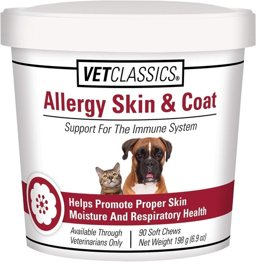 [BRSWIAAOO4FG2FT6] Vet Classics Allergy Skin & Coat Support Pet Supplement for Dogs & Cats – Pet Health Supplement for Cat Skin Moisture, Dog Allergies, Pet Respiratory Health– Includes Antioxidants – Soft Chews 90 Ct.