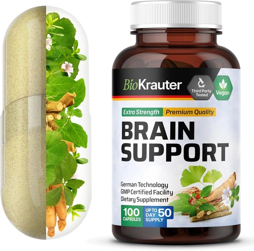 [BRSWGBACCJ5RG2Q3] BIO KRAUTER-aivojen lisäravinteet - 100 mg - 1300 mg Ashwagandha, Panax Ginseng ja Ginkgo Biloba - Vegaani, Ei täyteaineita