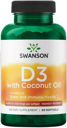 [BRSWIHYRDIMWYDQ3] Swanson High Potency Vitamin D-3 w/Coconut - Natural Supplement Promoting Bone Health & Immune System Support - May Help Increase Calcium Absorption - (60 Softgels, 125mcg Each)