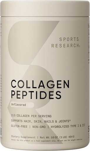 [BRSWICQYOEIRGGDM] Sports Research Collagen Peptides - Hydrolyzed Type 1 & 3 Collagen Powder Protein Supplement for Healthy Skin, Nails, & Joints - Easy Mixing Vital Nutrients & Proteins, Collagen for Women & Men