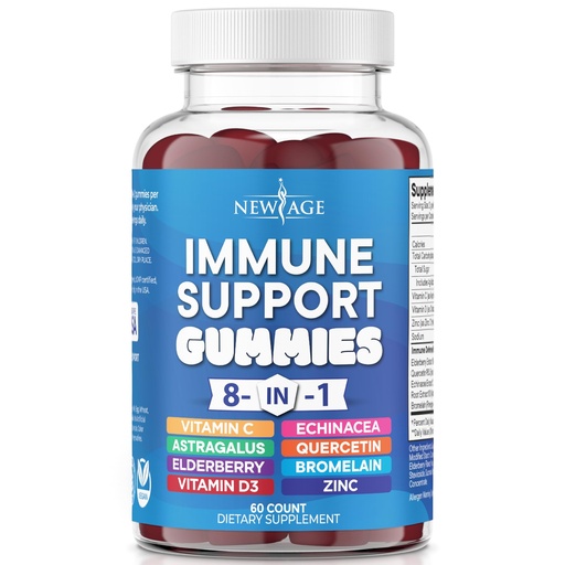 [BRSROAQOAQIW23DF] NEW AGE 8 in 1 Immune Support Booster Supplement with Elderberry, Vitamin C and Zinc 50mg, Vitamin D 5000 IU, Quercetin & Bromelain (8 in 1 Gummies (Pack of 1))