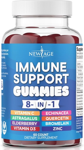 [BRSROAQOAQIW23DF] Nowy wiek 8 w 1 Immune Support Booster Suplement z Elderberry, Witamina C i Cynk 50mg, Witamina D 5000 j.m., Quercetin i Bromelain (8 w 1 Gummies (Opakowanie po 1))