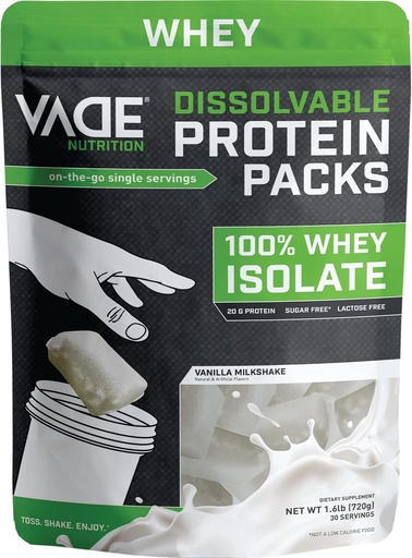 [BRSWGGICB5YA2234] VADE Nutrition Dissolvable Protein Packs - 100% Whey Isolate Protein Powder Vanilla Milkshake - Low Carb, Low Calorie, Lactose Free, Sugar Free, Fat Free, Gluten Free - 30 Packets to Go