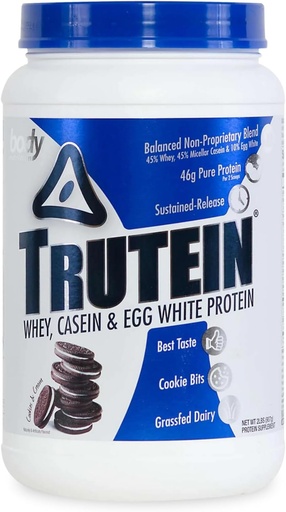 [BRSWIFYGC56BSHD2] Body Nutrition Trutein High Protein Powder: 45% Whey, 45% Casein, 10% Egg White Protein Shake Mix, Low Sodium, Low Carb Protein Supplement Powder for Men & Women, Cookies & Cream, 2lb