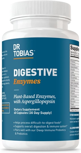 [BRSWICQ4DMDBSF3M] Dr. Tobias Digestive Enzymes with Amylase, Bromelain, Lipase, Lactase, Protease, Papain & More, Digestion Supplement with 18 Enzymes for Digestion and Gut Health, 60 Capsules, 30 Servings