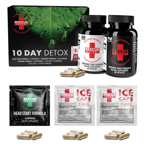 [BRSRMBTYOR6QIA3B] Rescue Detox 10 Day Permanent Detox Kit - 132ct Capsules | Comprehensive Full Body Cleanse with Bonus Instant ICE Caps