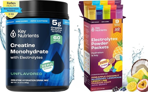 [BRSRAAT6C4BBUF3F] KEY NUTRIENTS Creatine Monohydrate & Hydration Packets Bundle – Unflavored Micronized Creatine Powder (60 Servings) + Electrolyte Powder Packets (10 Servings) – Boost Strength, Hydration & Recovery
