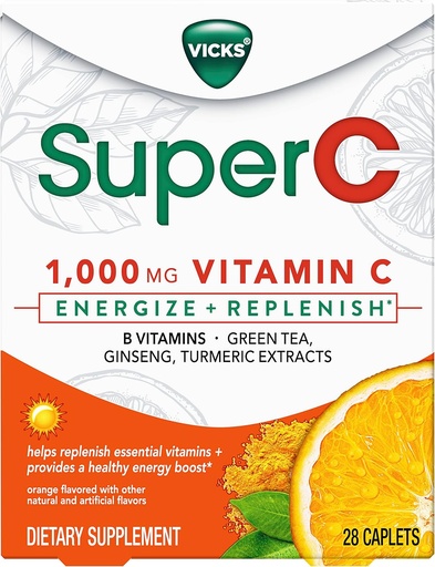 [BRSW2ZAECQCRECDJ] Vicks Super C Energize + Replenish Daytime Dietary Supplement with Vitamin C, B Vitamins, Green Tea, Ginseng, and Turmeric Extracts to help replenish essential vitamins*, 28 Caplets