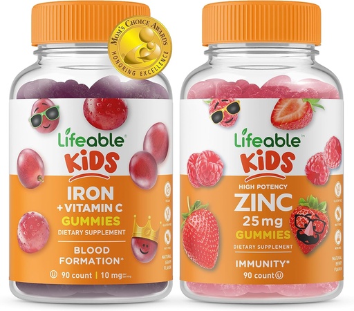 [BRSW2H33PMDR4HI2] Lifeable Iron & Vitamin C Kids + Zinc 25mg Kids, Gummies Bundle - Great Tasting, Vitamin Supplement, Gluten Free, GMO Free, Chewable Gummy