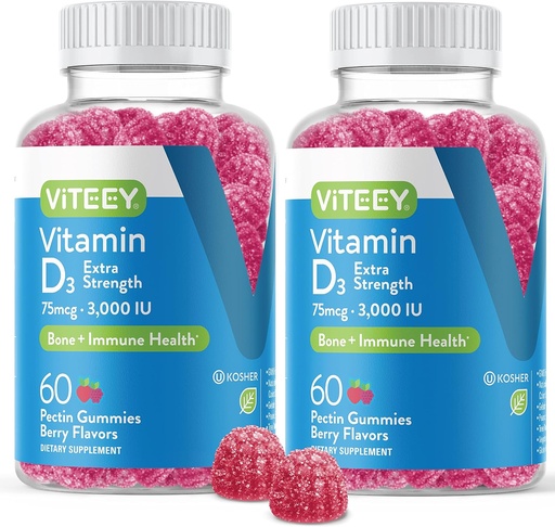 [BRSW2GQ5A4HQMDTK] Vitamin D3 Gummies for Adults & Teens - 3,000 IU, 75mcg, Extra Strength - Joint & Muscle Health, Immune Boost - Chewable Vitamin D Gummies - Vegetarian, Gelatin Free - Tasty Berry Flavored Gummy