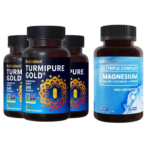 [BRSRMHD6DF7AGADA] BioEmblem Triple Magnesium Complex and BioEmblem Turmeric Curcumin with Clinically Studied TurmiPure - Joint Support, Healthy Inflammation Turmeric Supplements