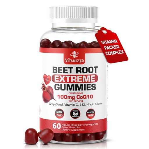 [BRSROCDRBB6WEETU] Extreme Beetroot Formula & COQ10 100mg with Grape Seed Extract, for Circulation Energy & Flow, Beet Root Gummies Extract Gluten Free 60
