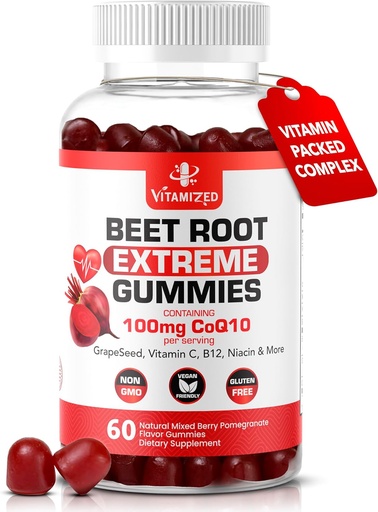 [BRSROCDRBB6WEETU] Extreme Beetroot Formula & COQ10 100mg with Grapse Seed Extract, for Circulation Energy & Flow, 1500mg Beet Root Gummies Extract Gluten Free 60