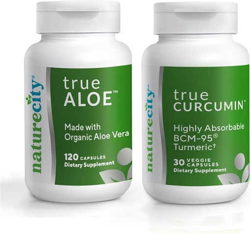 [BRSW2YATDMFA4CAV] NatureCity Joint Support Bundle 124; True-Aloe Lavet med Organic AloeVera, 120 Kapsler + True-Curcumin med 500 mg stærkt Absorbable BCM- 95 Curcumin + Turmerisk Essential Oil, 30 Kapsler